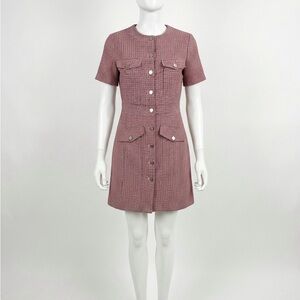 Maje Pink & Black Houndstooth Tweed Button-Front Old Money Rich Mini Dress